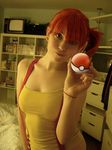  cosplay denim denim_shorts from_side kasumi_(pokemon) photo poke_ball pokemon ponytail red_hair shoes shorts side_ponytail sneakers solo suspenders third-party_edit 