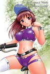  bare_shoulders bicycle blush bracelet breasts brown_hair cameltoe cellphone copyright_request covered_nipples curvy ground_vehicle hat jewelry large_breasts navel phone purple_eyes red_hair smile solo spandex thighhighs tree visor_cap white_legwear yuuki_tomoka 