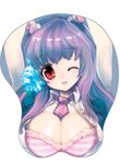  ;p animal_ears between_breasts blush bra breast_mousepad breasts bunny_ears cleavage flower hair_flower hair_ornament head_tilt itou_life large_breasts lingerie looking_at_viewer mousepad necktie one_eye_closed open_clothes open_shirt purple_neckwear reisen_udongein_inaba shirt solo striped striped_bra striped_neckwear tareme tongue tongue_out touhou underwear 