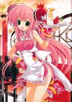  absurdres ahoge china_dress chinese_clothes dress fang fingerless_gloves fujima_takuya gloves green_eyes highres incredibly_absurdres long_hair pink_hair ren'ai_yohou scan solo tray waitress 