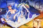  arachne areolae bed blue_hair breasts bug cleavage copyright_request downblouse hanging_breasts insect_girl japanese_clothes large_breasts long_hair monster_girl muchousha multiple_arms nipple_slip nipples pillow red_eyes saliva silk smile solo spider spider_girl spider_web 