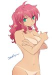  :o bikini_tan breast_hold breasts cleavage cowboy_shot crossed_arms feldt_grace green_eyes gundam gundam_00 head_tilt large_breasts looking_at_viewer lowres navel nude pink_hair plum_(arch) ponytail simple_background solo tan tanline wavy_hair white_background 