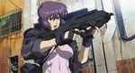  absurdres artist_request assault_rifle bangs breasts building bullpup cable cleavage crop_top electric_fan fan fighting_stance fingerless_gloves ghost_in_the_shell ghost_in_the_shell_stand_alone_complex gloves gun hair_between_eyes highleg highleg_leotard highres holding jacket kusanagi_motoko large_breasts leather leather_jacket leotard looking_away machine_pistol midriff navel open_clothes open_jacket open_mouth outdoors pipes purple_hair purple_leotard red_eyes rifle seburo_c26a short_hair sleeves_rolled_up solo strap upper_body weapon window 