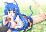  animal_ears barefoot blue_hair bottomless cat_ears cat_tail emurin feet food fruit hat hat_removed headwear_removed hinanawi_tenshi kemonomimi_mode long_hair lying no_panties on_stomach peach red_eyes solo tail touhou 