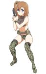  1girl belt bikini black_legwear blue_eyes blush boots bow breasts brown_hair camouflage camouflage_bikini camouflage_bow camouflage_footwear cleavage full_body gun hair_between_eyes hair_bow highres holding holding_gun holding_weapon kousaka_honoka love_live! love_live!_school_idol_project medium_breasts navel see-through shiny shiny_hair short_hair side_ponytail simple_background solo stance swimsuit tetopetesone thigh_boots thighhighs weapon white_background 