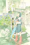  blue_eyes blue_hair blush boots closed_umbrella flower happy highres hydrangea kitano_yuusuke long_hair long_skirt mirror original rubber_boots school_uniform sketch skirt solo traffic_mirror umbrella 