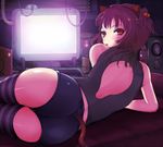  animal_ears ass bad_id bad_pixiv_id bare_shoulders brown_hair can cat_ears cat_tail computer kasai_shin keyboard_(computer) long_hair looking_back lying on_side original red_eyes short_shorts shorts solo speaker striped striped_legwear tail thighhighs 