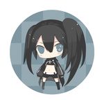  1girl :&lt; bangs belt bikini_top black_hair black_rock_shooter black_rock_shooter_(character) blue_eyes blush_stickers boots checkered chibi coat flat_chest hood hooded_jacket jacket knee_boots long_hair lowres midriff navel pale_skin puti_devil scar shorts solo star twintails uneven_twintails very_long_hair zipper 