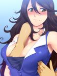  1girl bare_shoulders between_breasts blush breast_grab breast_poke breasts brown_hair grabbing groping gundam gundam_00 hairu hetero huge_breasts long_hair poking solo_focus sumeragi_lee_noriega yellow_eyes 