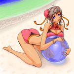  ball barefoot beach beachball bikini bun_cover double_bun original solo swimsuit yuuki_(silent_moon) 