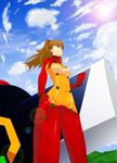  bodysuit bra dhiabeibi highres lingerie long_hair midriff multicolored multicolored_bodysuit multicolored_clothes neon_genesis_evangelion orange_bodysuit plugsuit rebuild_of_evangelion red_bodysuit see-through shikinami_asuka_langley solo souryuu_asuka_langley test_plugsuit underwear 