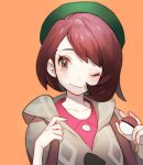  1girl backpack bag beret blush brown_eyes brown_hair brown_jacket closed_mouth collarbone creatures_(company) female female_protagonist_(pokemon_swsh) game_freak green_hat hands_up happy hat holding holding_poke_ball hood hoodie jacket long_sleeves looking_at_viewer nintendo one_eye_closed orange_background poke_ball poke_ball_(generic) pokemon pokemon_(game) pokemon_swsh red_shirt shiny shiny_hair shirt short_hair simple_background smile solo upper_body wink zuizi 