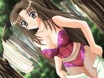  1girl breasts brown_eyes brown_hair bustier large_breasts long_hair panties panties_over_pantyhose pantyhose skirt stripping underwear undressing 