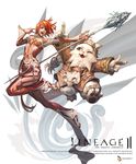  breasts cat cleavage creature full_body human_(lineage_2) jj_(yadz01) jumping lance lineage lineage_2 medium_breasts midriff navel pointing polearm red_hair simple_background staff stomach text_focus weapon white_background 