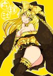  ;q alternate_costume ass bad_id bad_pixiv_id blonde_hair bow breasts choker cleavage daive frills garters hat highres japanese_clothes kimono kirisame_marisa medium_breasts no_panties one_eye_closed simple_background solo thighhighs tongue tongue_out touhou witch_hat yellow yellow_eyes 