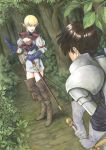  1boy 1girl aritani_mahoro armor arrow blonde_hair boots bow_(weapon) brown_hair bush commentary_request elf facing_away fantasy forest highres knee_boots leaf nature original outdoors pointy_ears quiver scabbard sheath sheathed short_hair sword traditional_media tree weapon 