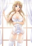  bare_shoulders blonde_hair blue_eyes breasts cleavage collarbone corset curtain_grab curtains eyebrows garter_belt k-on! kotobuki_tsumugi lace lace-trimmed_thighhighs large_breasts lingerie long_hair mukunokino_isshiki panties solo thick_eyebrows thighhighs underwear white_legwear white_panties window 