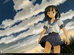  awatake_takahiro black_hair cloud clouds school_uniform schoolgirl seifuku short_hair twintails wind windy 