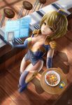  bikini_bottom blonde_hair breasts cleavage copyright_request curvy elbow_gloves food gloves huge_breasts saku short_hair solo thighhighs tray yellow_eyes 