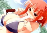  bare_shoulders between_breasts bikini blush breasts cloud covered_nipples day dutch_angle food huge_breasts kurikara long_hair looking_at_viewer melting mouth_hold naughty_face navel onozuka_komachi palm_tree popsicle red_eyes red_hair sexually_suggestive sky solo sweat swimsuit teasing touhou tree 
