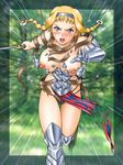  angry armor blonde_hair blue_eyes boots braid breasts broken_armor buckle cameltoe gauntlets kitamura_(bamboo) large_breasts leina open_mouth panties queen's_blade side_braid sweatdrop sword torn_clothes twin_braids underwear wardrobe_malfunction weapon 