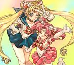  bishoujo_senshi_sailor_moon blonde_hair blue_eyes blue_sailor_collar blue_skirt bow chibi_usa choker closed_eyes double_bun earrings elbow_gloves gloves hands jewelry long_hair magical_girl multiple_girls nitako one_eye_closed pink_hair pink_sailor_collar red_bow red_choker sailor_chibi_moon sailor_collar sailor_moon sailor_senshi sailor_senshi_uniform short_twintails skirt super_sailor_chibi_moon_(stars) tiara tsukino_usagi twintails v white_gloves 