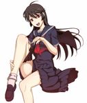  black_hair black_panties caryo fangs kaibutsu_oujo kamura_reiri leg_lift legs long_hair long_legs nanashino panties panties_around_one_leg red_eyes school_uniform serafuku simple_background sitting solo underwear 