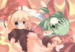  blue_eyes breasts brown_hair fairy front_ponytail green_eyes green_hair kagiyama_hina medicine_melancholy multiple_girls nipples no_panties nude plus9 ribbon shirt_lift skirt skirt_pull small_breasts su-san topless touhou wings 