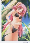  adjusting_clothes adjusting_swimsuit bikini blush day fang frilled_bikini frills kurumizawa_suzuki long_hair palm_tree pink_eyes pink_hair scan side-tie_bikini solo swimsuit takeya_masami te_to_te_try_on tree tying 