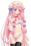  bad_id bad_pixiv_id blush bow bra hair_ribbon hat lingerie panties patchouli_knowledge pink_eyes pink_hair pinkinfinity ribbon simple_background solo striped striped_bra striped_panties thighhighs touhou underwear undressing 