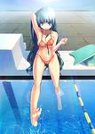  adjusting_hair armpits bad_id bad_pixiv_id barefoot bikini blue_eyes blue_hair blush breasts cameltoe copyright_request covered_nipples feet highres homura_subaru kickboard large_breasts long_hair mouth_hold pool smile soaking_feet soles solo starting_block swimsuit very_long_hair water 