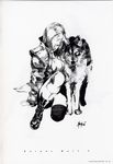  absurdres animal artbook boots breasts cleavage coat greyscale hair_over_one_eye highres large_breasts metal_gear_(series) metal_gear_solid monochrome official_art scan shinkawa_youji sniper_wolf solo wolf 