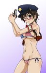  america american_flag_bikini armband bare_shoulders bikini brown_eyes brown_hair covered_nipples flag_print glasses gun hat hirokawa_kouichirou k-on! manabe_nodoka midriff navel police police_hat police_uniform policewoman red-framed_eyewear semi-rimless_eyewear short_hair solo string_bikini swimsuit under-rim_eyewear uniform weapon 