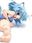  animal_ears barefoot blue_hair blush cat_ears copyright_request feet kojima_saya looking_back lowres one-piece_swimsuit one_eye_closed open_mouth purple_eyes school_swimsuit short_hair solo swimsuit tail wet 