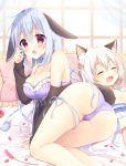  2girls :d :o animal_ear_fluff animal_ears aoi_yun ass bangs bare_shoulders bed_sheet blue_hair blush bra breasts brown_jacket bunny_ears cameltoe cat_ears cat_teaser cleavage commentary_request curtains day drooling eyebrows_visible_through_hair eyes_closed fang frilled_pillow frills hair_between_eyes hair_ornament hand_up jacket large_breasts long_hair long_sleeves multiple_girls off_shoulder open_clothes open_jacket open_mouth original panties petals pillow purple_bra purple_panties red_eyes saliva sidelocks sleeping sleeves_past_wrists smile sunlight transparent underwear very_long_hair white_hair window 