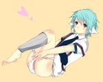 animal_ears barefoot blue_eyes blue_hair blush bottomless cat_ears cat_tail catboy covering leg_warmers male male_focus messy_hair necktie suspenders tail tie 