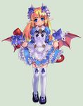  alice_(monster_girl_encyclopedia) bad_id bad_pixiv_id bat_wings blonde_hair blue_eyes blush demon_tail dress dress_lift frills horns kenkou_cross long_hair lowres monster_girl monster_girl_encyclopedia official_art original pointy_ears tail thighhighs white_legwear wings 