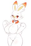  2019 anthro big_breasts blush breasts female fur lagomorph looking_at_viewer mammal nintendo nude orange_eyes pok&eacute;mon pok&eacute;mon_(species) scorbunny simple_background solo tailzkim video_games white_background white_fur 