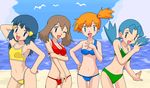  beach bikini blue_hair brown_hair crystal_(pokemon) day gym_leader haruka_(pokemon) hikari_(pokemon) kasumi_(pokemon) kuro_hopper multiple_girls oekaki one_eye_closed orange_hair outdoors pokemon pokemon_(anime) pose side_ponytail swimsuit 