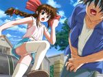  1girl angry armpits black_hair blush bra braid brown_eyes brown_hair child clenched_hand cloud crotch_grab day faceless faceless_male fangs flat_chest game_cg kicking leg_lift lingerie long_hair midriff mitsurugi_tamao navel nekonyan open_mouth outdoors pain panties pantyshot ribbon saliva sky thighhighs tongue underwear v.g._re-birth variable_geo veins white_legwear white_panties 