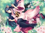  black_hair cherry_blossoms day feet flower from_above geta grass hair_flower hair_ornament hexagon japanese_clothes kimono long_hair looking_up lying maxwindy md5_mismatch on_side original outdoors pantyhose petals purple_eyes sandals sayagata smile solo very_long_hair 