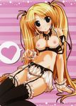  absurdres blonde_hair blush bra breasts detached_collar garter_belt garters highres lingerie medium_breasts nipples oshiki_hitoshi panties solo suzunone_seven takatori_yuzuri thighhighs twintails underwear underwear_only 