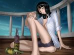  alcohol barefoot blush bottle cup dress_shirt drink drinking_glass drunk feet hands meguro_fukuzou nico_robin night no_bra one_piece open_clothes open_shirt sake seductive_smile shirt shot_glass sitting sleeves_folded_up smile solo toes 