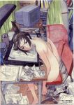  amazon_(company) barefoot black_hair brand_name_imitation computer drawing frown frustrated genshiken mirror nude ogiue_chika otaku_room poster product_placement reflection solo tears topknot traditional_media tsuruta_kenji 