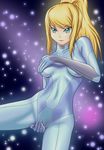  bad_id bad_pixiv_id blonde_hair blue_eyes bodysuit breast_hold breasts covering covering_crotch highres large_breasts long_hair metroid nude open_in_internet_explorer ossannoa ponytail samus_aran solo zero_suit 