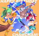  alternate_color animal_ears animal_print ass blue_eyes blue_hair boomerang breasts cham_cham gloves green_eyes green_hair medium_breasts multiple_girls paw_gloves paw_shoes paws player_2 red_hair samurai_spirits shirou shoes snk tail tiger_print underboob weapon yellow_eyes 