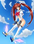  467_(artist) bad_id bad_pixiv_id blue_eyes bottomless brown_hair fingerless_gloves gloves hair_ribbon highres long_hair lyrical_nanoha mahou_shoujo_lyrical_nanoha_strikers raising_heart ribbon solo takamachi_nanoha thighhighs twintails 