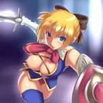  aaaa bare_shoulders blonde_hair blue_eyes bow breast_slip breasts cassandra_alexandra cleavage gloves hair_bow highres leotard medium_breasts necktie nipples one_breast_out pink_leotard pink_neckwear shield shoulder_pads solo soulcalibur sword thighhighs wardrobe_malfunction weapon 