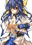  blue_hair breasts collar cosplay dizzy gloves guilty_gear hair_ribbon hamu_(moeyobaka) ky_kiske ky_kiske_(cosplay) large_breasts midriff navel open_clothes open_shirt red_eyes ribbon shirt solo sword weapon 