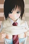  bad_id bad_pixiv_id blush breasts brown_hair copyright_request large_breasts mimizou necktie nipples shirt_lift short_hair solo sweater 
